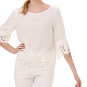 Joseph Ribkoff white heavy lace Trim Blouse.PTP 19”, OVERSIZED,sheer,boxy